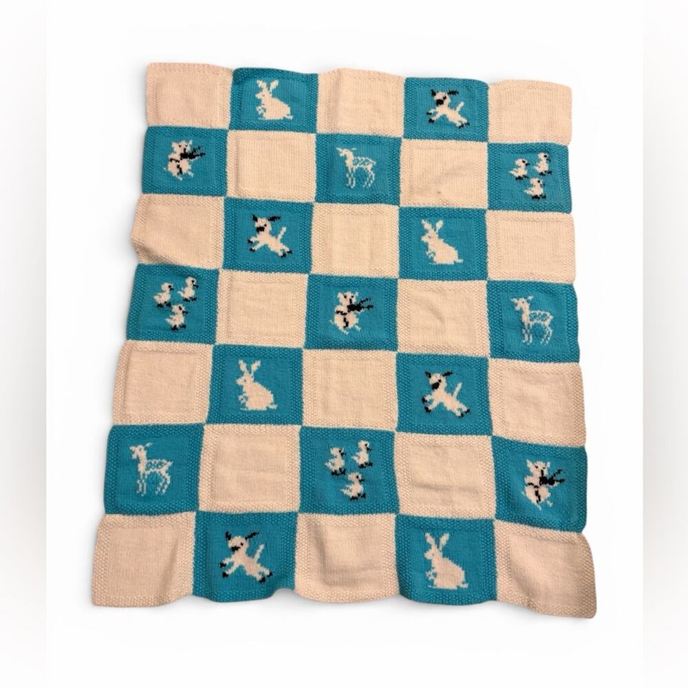 Vintage 1970s Hand Knit Baby Blanket Farm Animals Blue White Cottagecore Nursery
